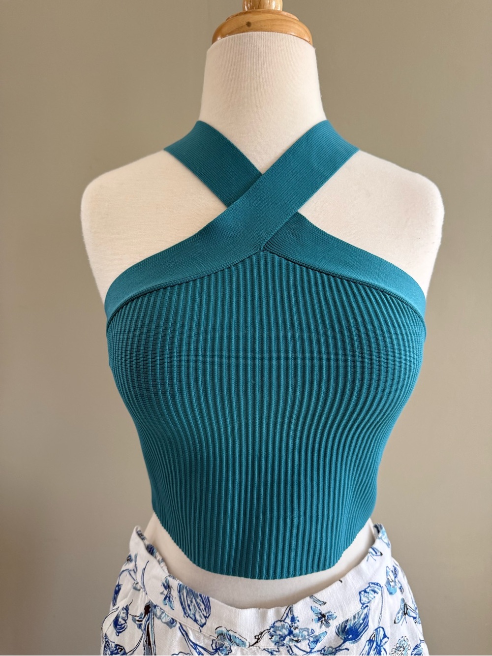Sincerely Jules Teal Ribbed Knit Cross Halter Crop Top Medium NWT